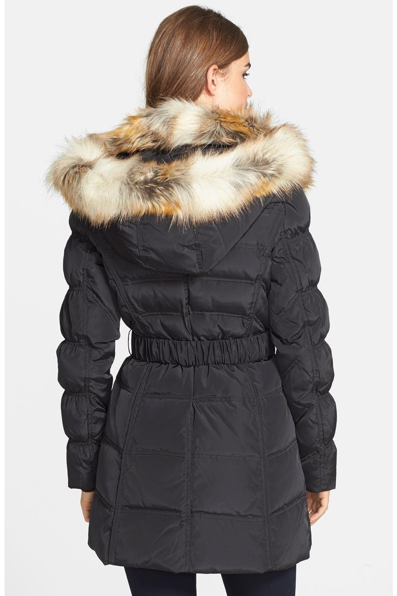 Belted Puffer Coat with Faux Fur Trim, Alternate, color, BLACK