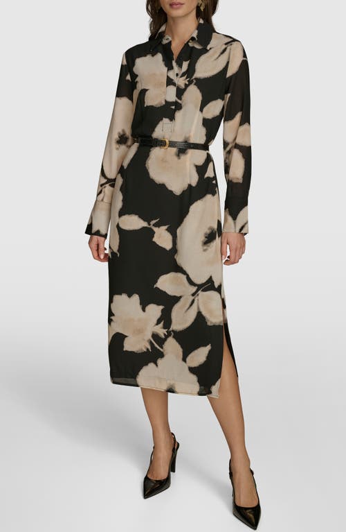 DONNA KARAN DONNA KARAN NEW YORK FLORAL PRINT LONG SLEEVE SHIRTDRESS