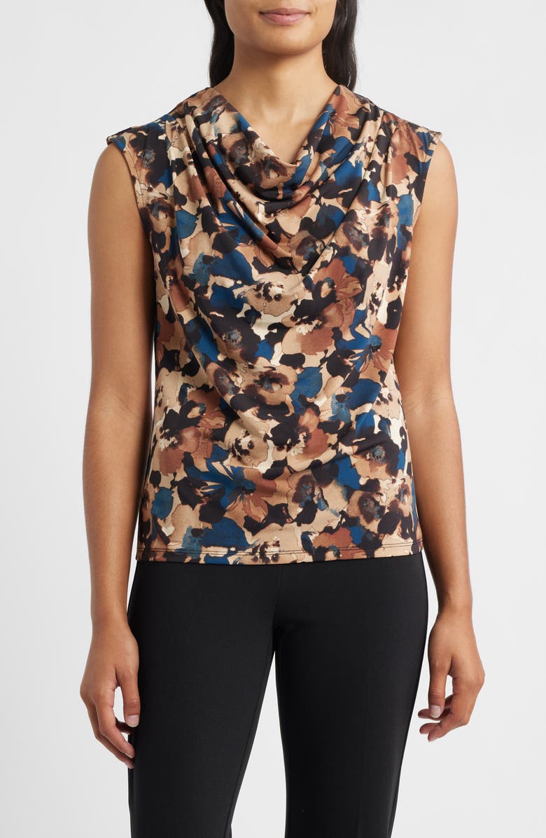 Anne Klein Pleated Cowl Neck Top, Main, color, Baltic Teal Multi