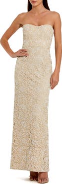 Mac Duggal Strapless Beaded Lace Column Gown with Sweetheart Neckline