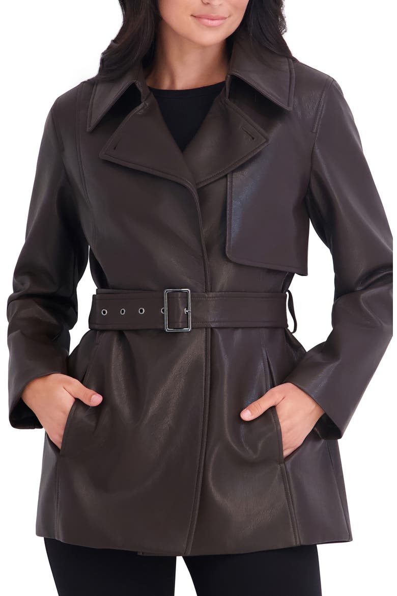Faux Leather Belted Trench Coat, Alternate, color, CHOCOLATE