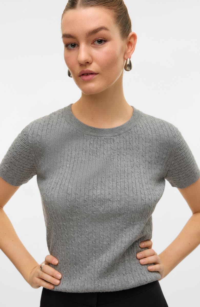 VERO MODA Mirla Short Sleeve Cable Knit Sweater, Alternate, color, Medium Grey Melange