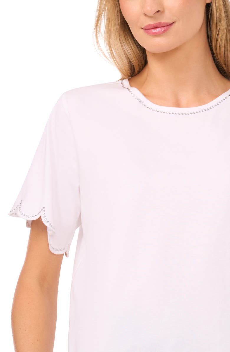 CeCe Embellished Scalloped Trim Jersey Top, Alternate, color, Ultra White