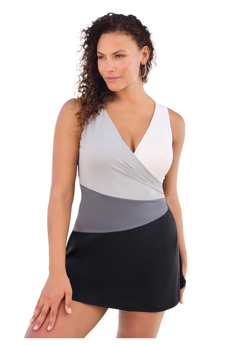 Colorblock Fit And Flare Swim Dress, Main, color, BLACK WHITE COLORBLOCK