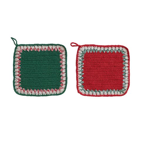 Crocheted Cotton Pot Holder with Classic Contrast Border, Set of 2