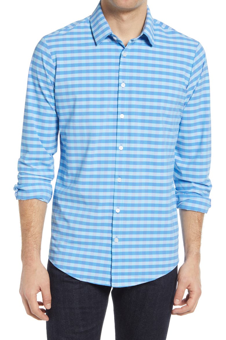 Leeward Check Button-Up Performance Shirt, Main, color, BLUE GINGHAM
