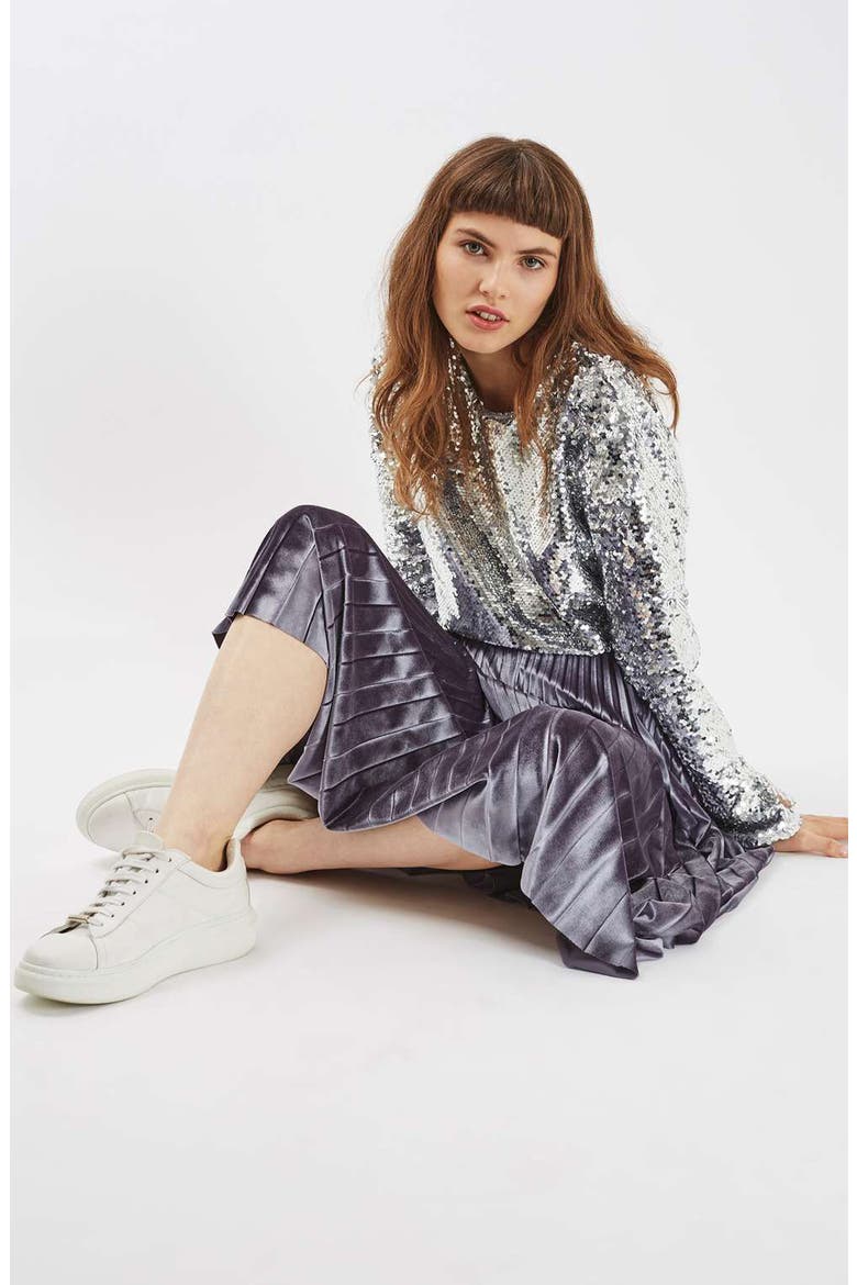 Velvet Pleated Midi Skirt, Alternate, color, GREY