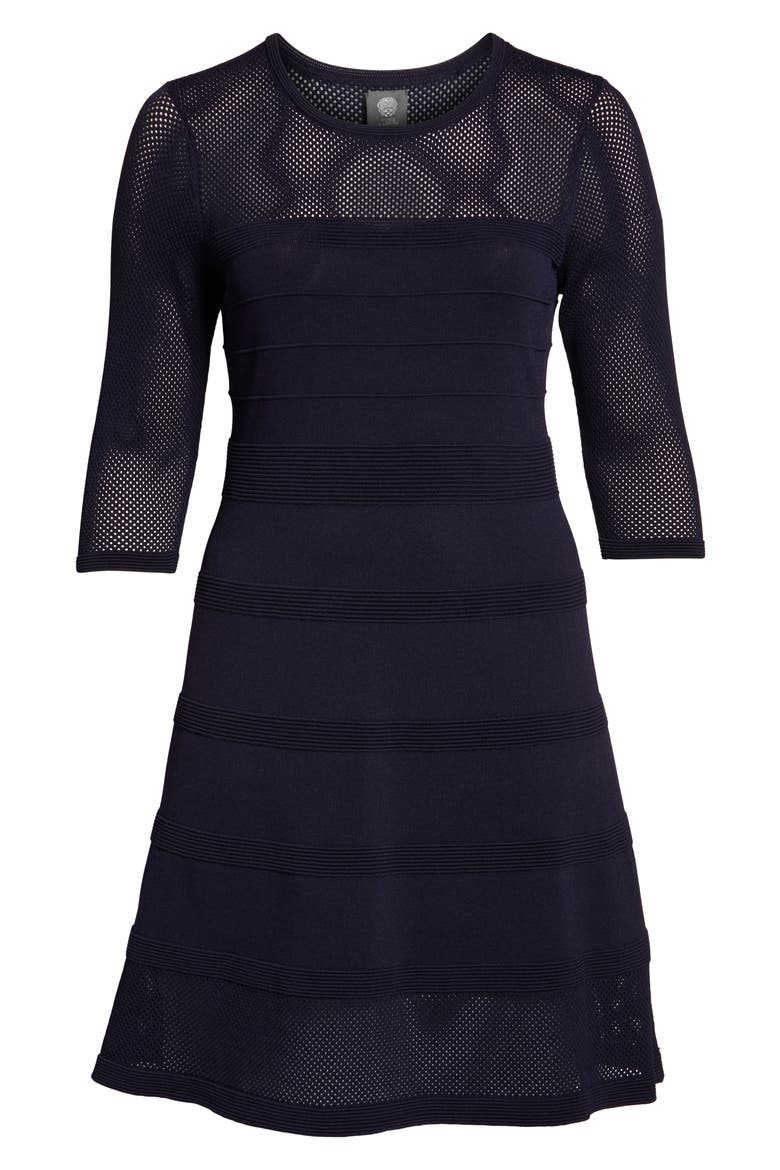 Mixed Stitch Pointelle Fit & Flare Dress, Alternate, color, NAVY