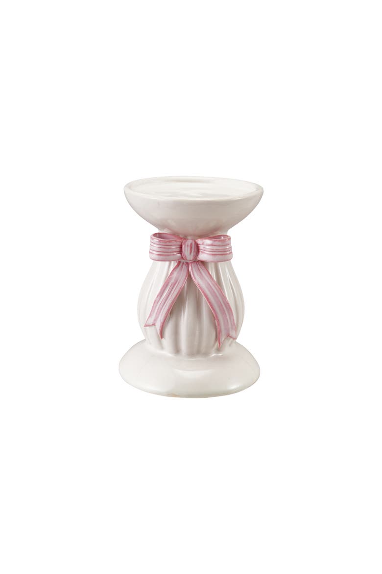 Stoneware Pillar Holder with Bow, Main, color, White and Pink