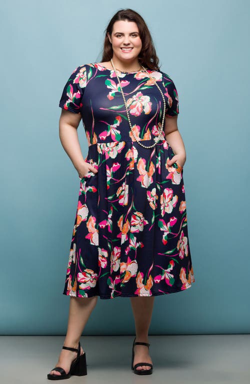 24seven Comfort Apparel Plus Size Short Sleeve Pleated Flare Midi Pocket Dress In Navy Multi