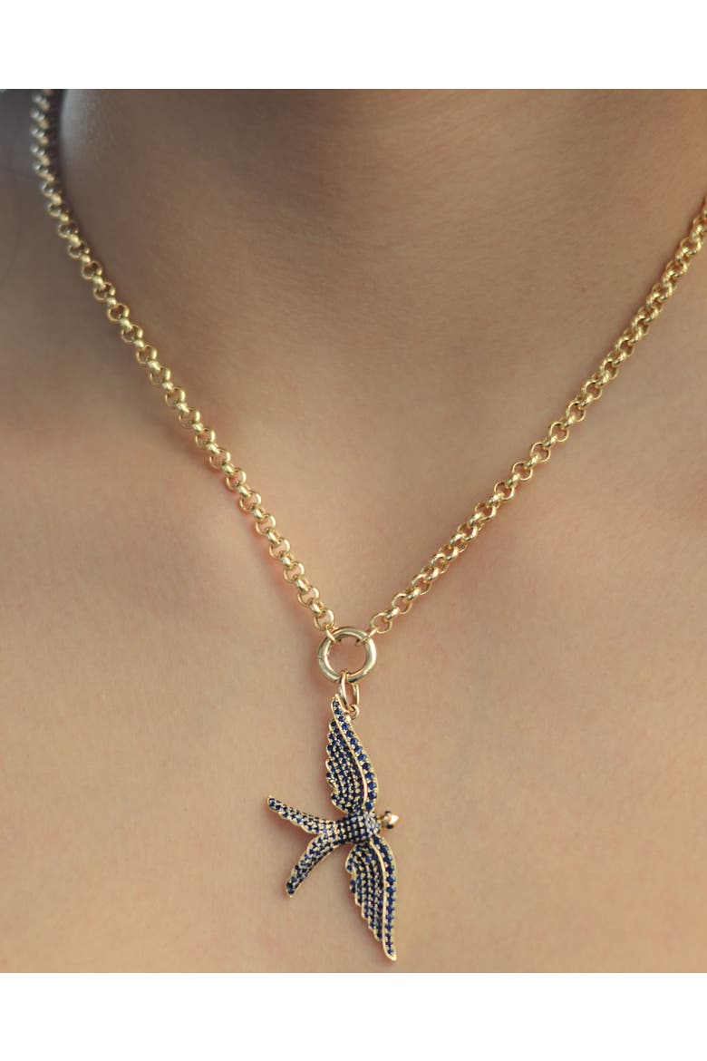 14K Gold Wings of Love Sapphire Swallow Charm Rolo Necklace, Alternate, color, GOLD