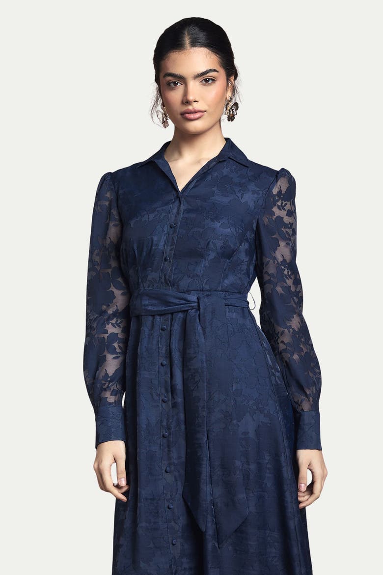Floral Organza Belted Midi Dress, Alternate, color, Navy