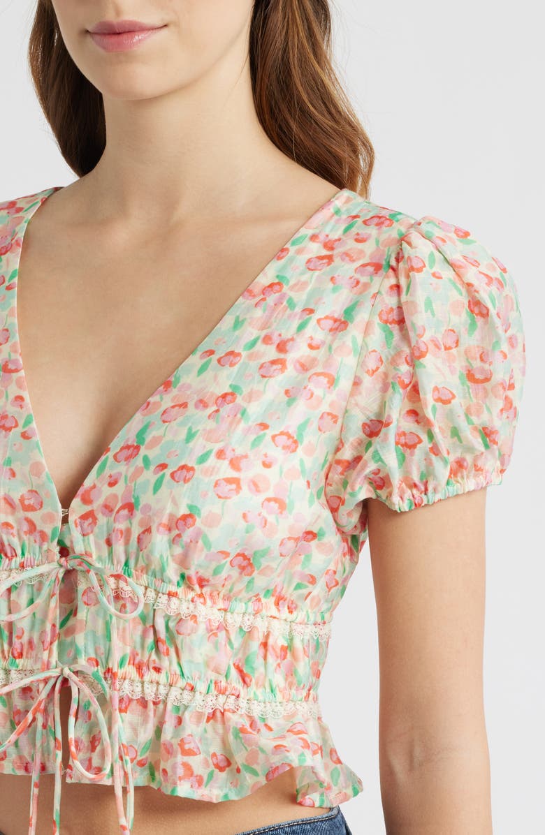 All in Favor Floral Tie Front Crop Top, Alternate, color, Cream Pink