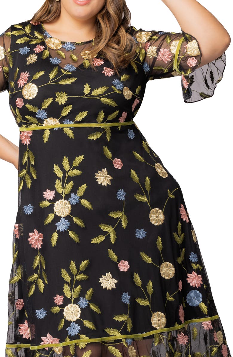 Kiyonna Wildflower Embroidered Dress, Alternate, color, Black Blossom Print