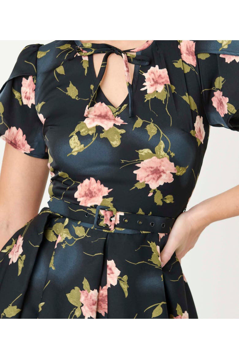 Short Petal Sleeve Tie Neck Dahlia Swing Dress, Alternate, color, Black