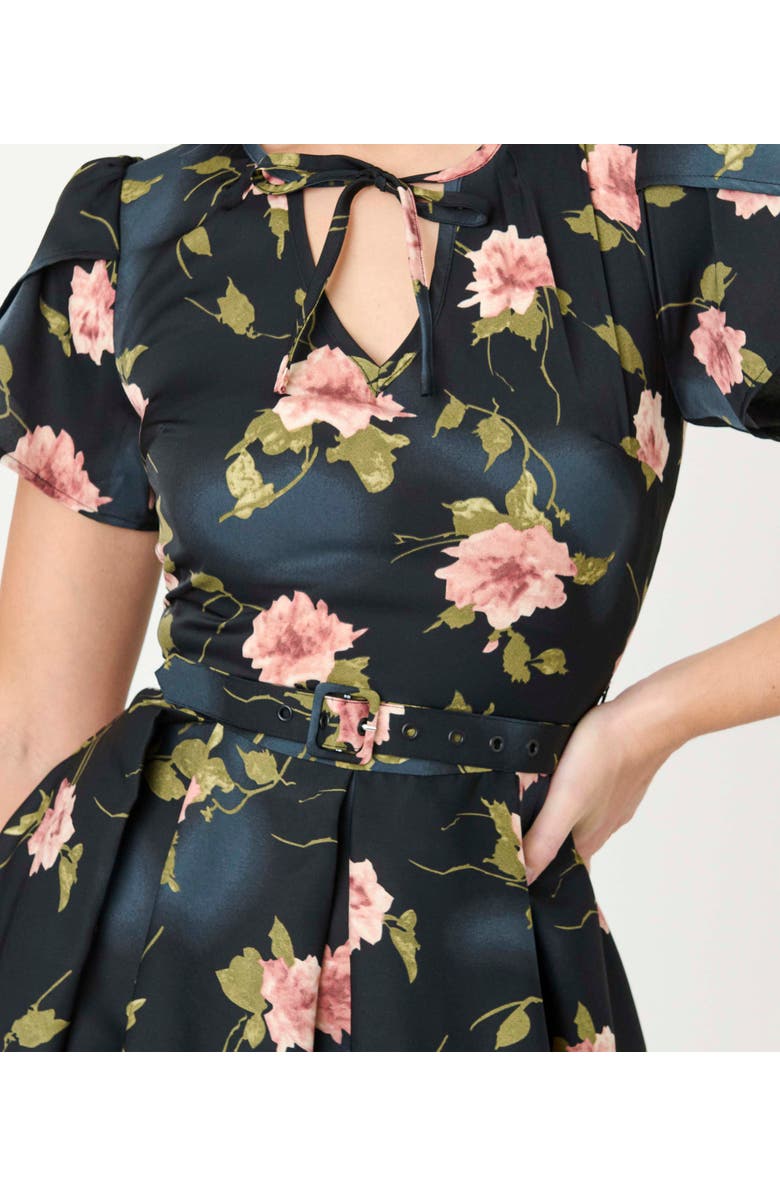 Unique Vintage Short Petal Sleeve Tie Neck Dahlia Swing Dress, Alternate, color, Black