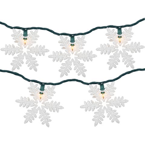 White Glittered Snowflakes Christmas Lights - Clear - 6' Green Wire - 10ct