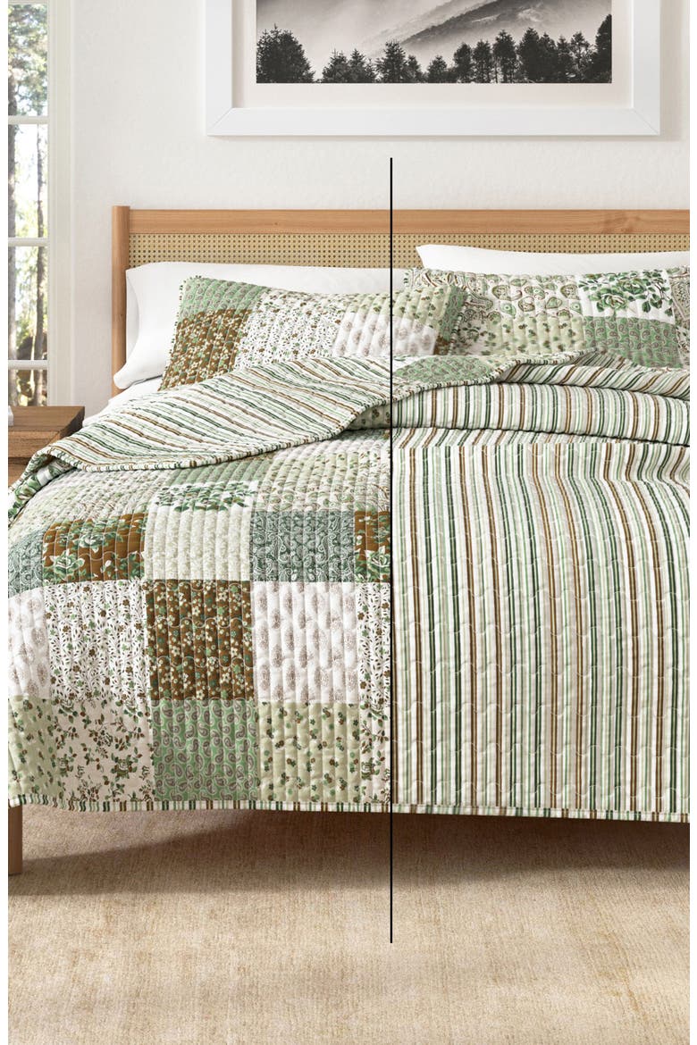 Summer Lodge Reversible Quilt Set, Alternate, color, GREEN FLORAL GRID/ BROWN