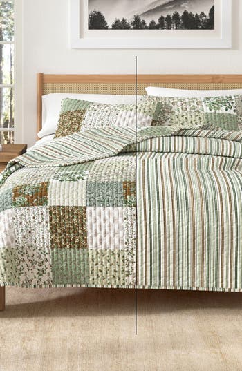 Woven & Weft Summer Lodge Reversible Quilt Set In Green Floral Grid/brown