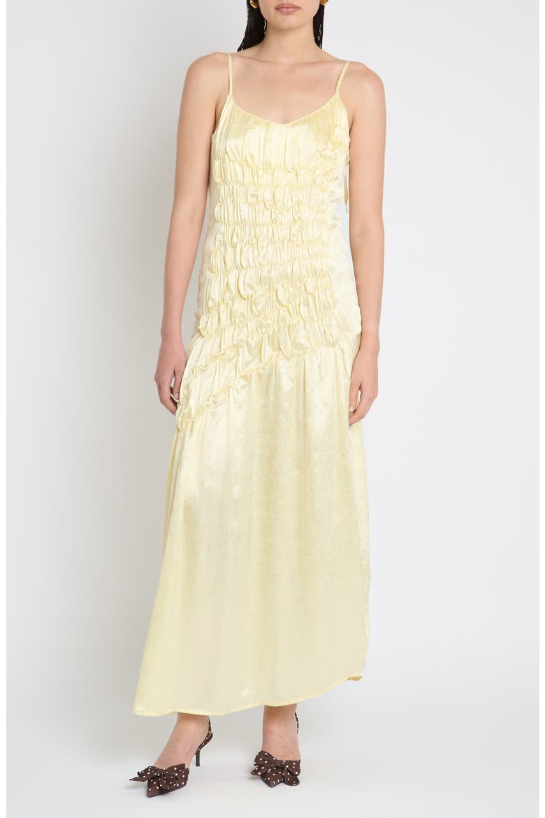 Shirred Crushed Satin Midi Dress, Main, color, LEMON