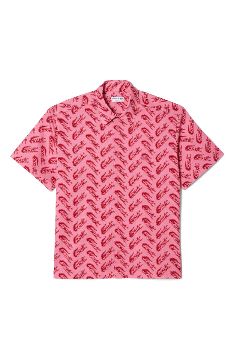 Lacoste Relaxed Fit Logo Print Short Sleeve Button-Up Shirt, Main, color,