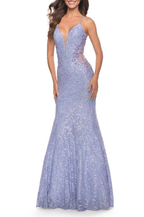 La Femme Mermaid Beaded Lace Prom Dress With Illusion Sides In Light Periwinkle
