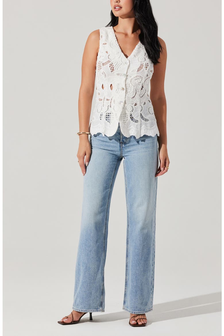Meira Lace Inset Cotton Button-Up Vest, Alternate, color, WHITE