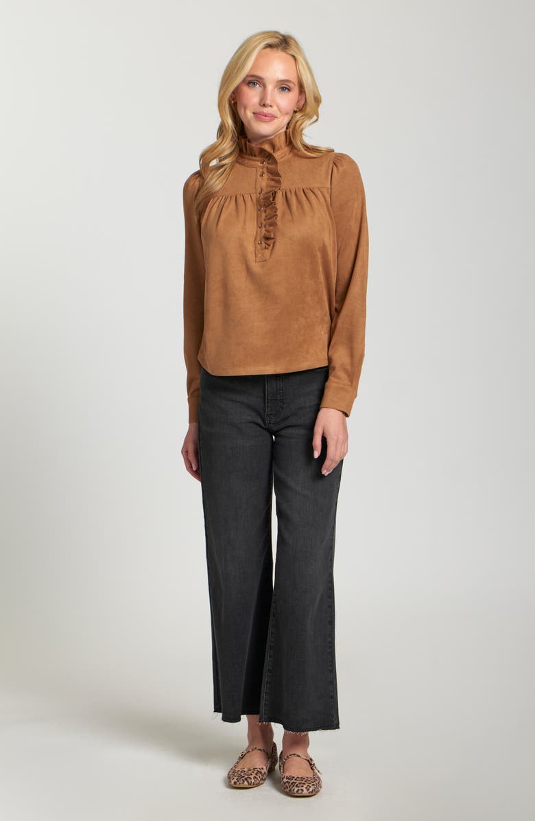 APNY Ruffle Snap Front Faux Suede Top, Alternate, color, Caramel