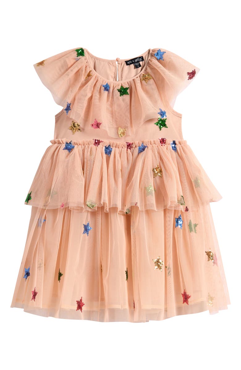 Ava & Yelly Kids' Sequin Star Tulle Tutu Dress, Main, color, Tan