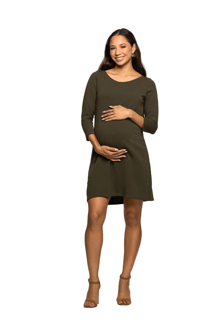 Three Quarter Sleeve A-Line Knee Length Dress, Main, color, Olive