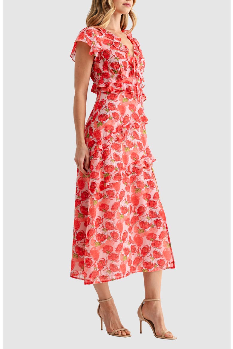 Flutter Sleeve Ruffle Midi Dress, Alternate, color, RED FLORAL