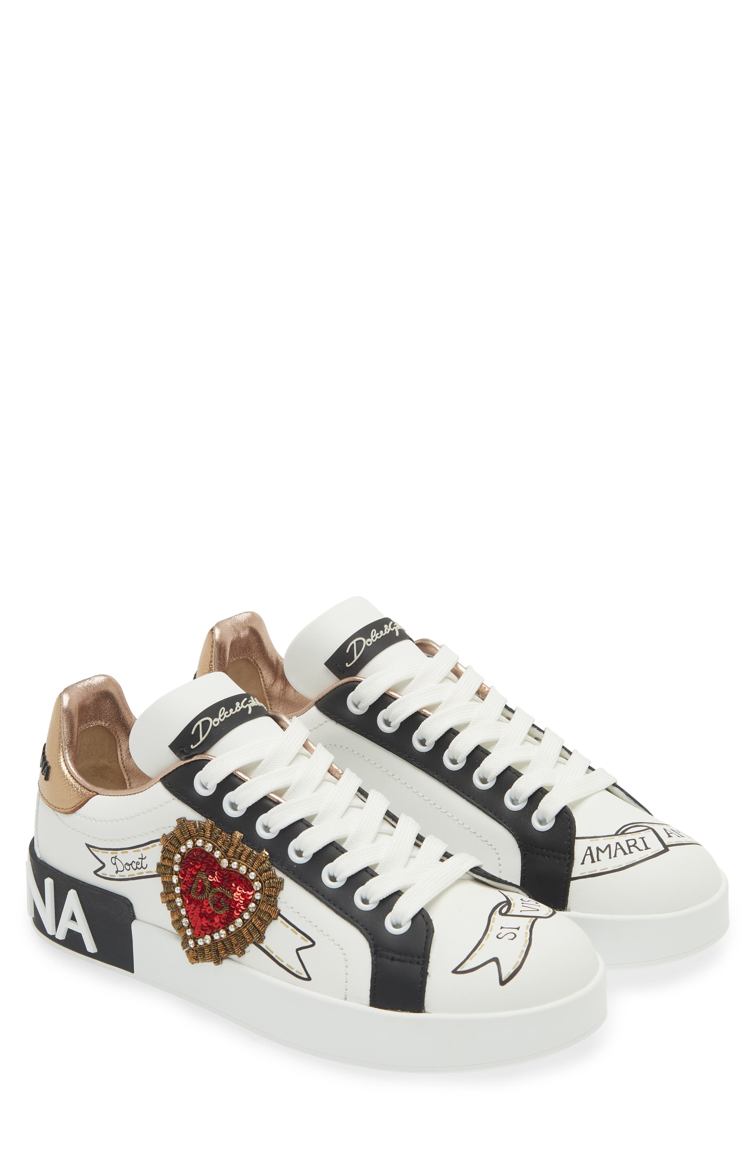 Dolce&Gabbana Portofino Embellished Leather Sneaker, Main, color, Embroidery- White/ Gold