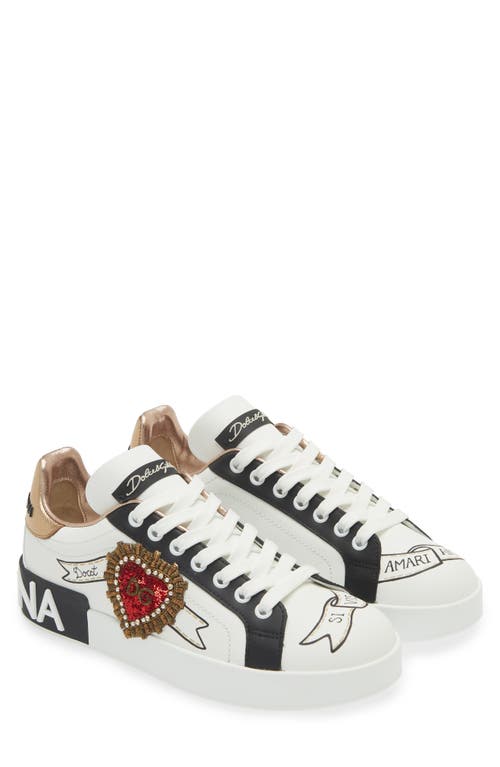 Dolce&Gabbana Portofino Embellished Leather Sneaker in Embroidery- White/gold at Nordstrom, Size 36.5