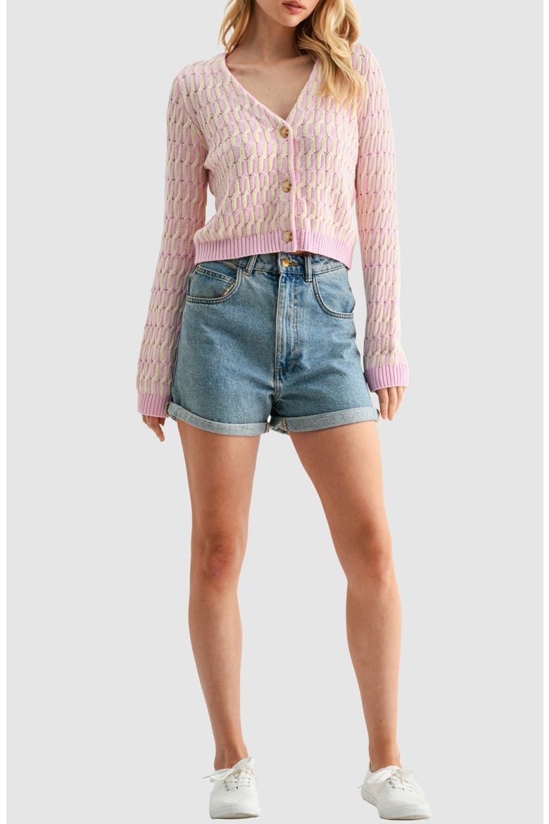 Cable Knit Contrast Cardigan, Alternate, color, PINK BUTTER