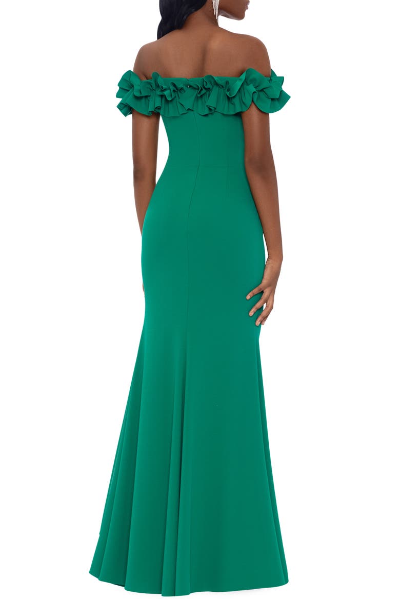Off the Shoulder Ruffle Crepe Trumpet Gown, Alternate, color, GREEN