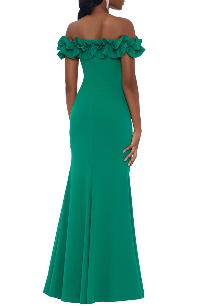 Xscape Evenings Off the Shoulder Ruffle Crepe Trumpet Gown, Alternate, color, 