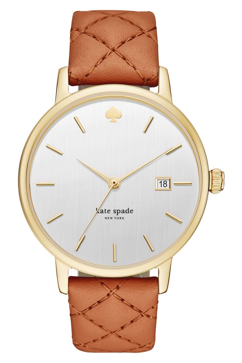 'metro grand' quilted strap watch, 38mm, Main, color, BROWN/ SILVER/ GOLD