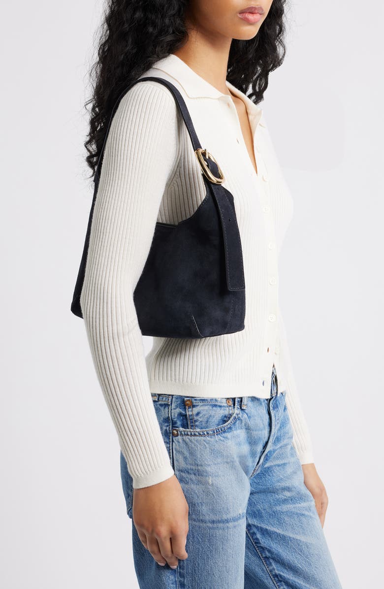 Madewell The Sculptural Buckle Suede Shoulder Bag, Alternate, color, Juniper Berry