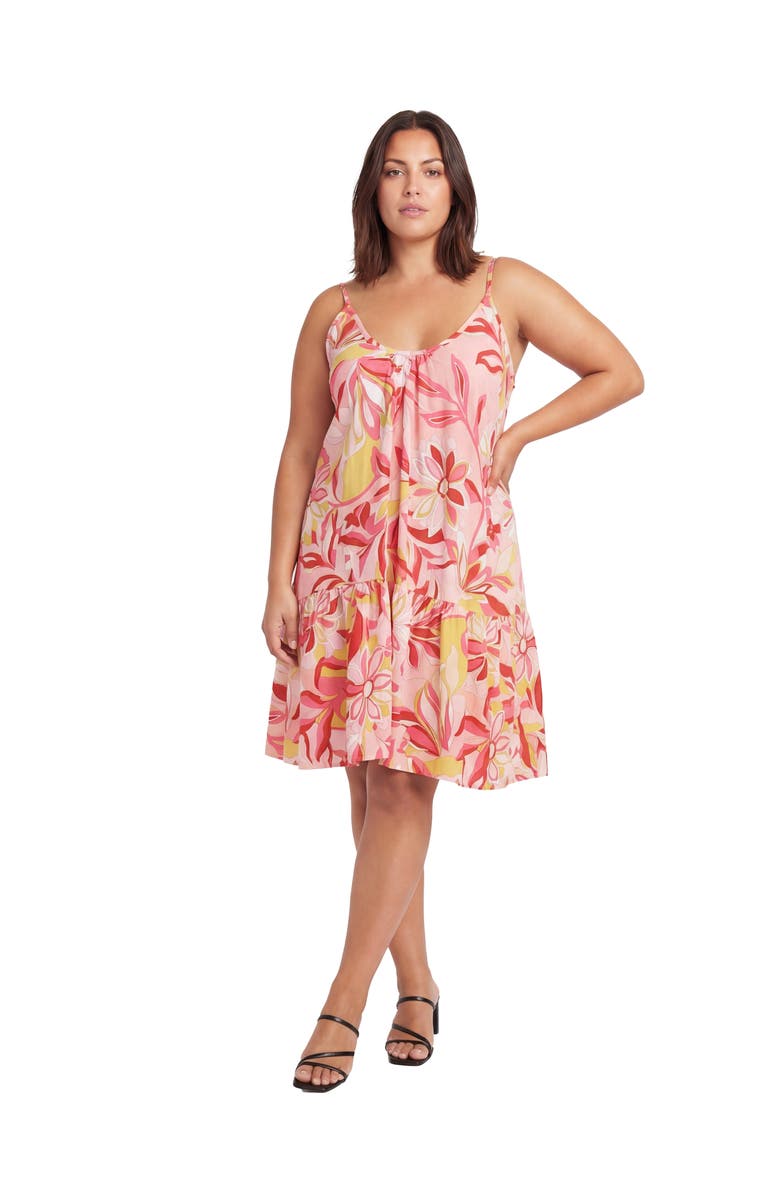 24seven Comfort Apparel Curvy Essential Floral Print Scoop Neck Spaghetti Strap Pocket A-Line Mini Dress, Main, color, Pink Multi