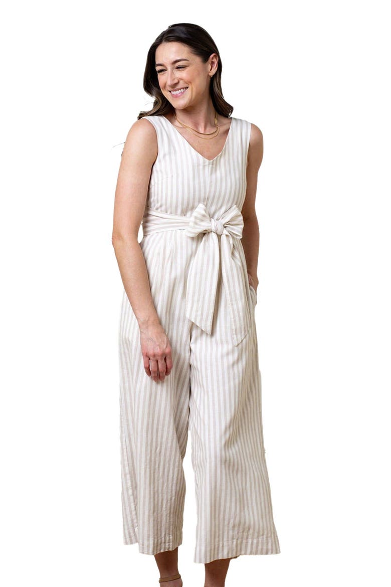 Womens' Tie-Waist Wide Leg Jumpsuit, Main, color, Light Taupe Stripe