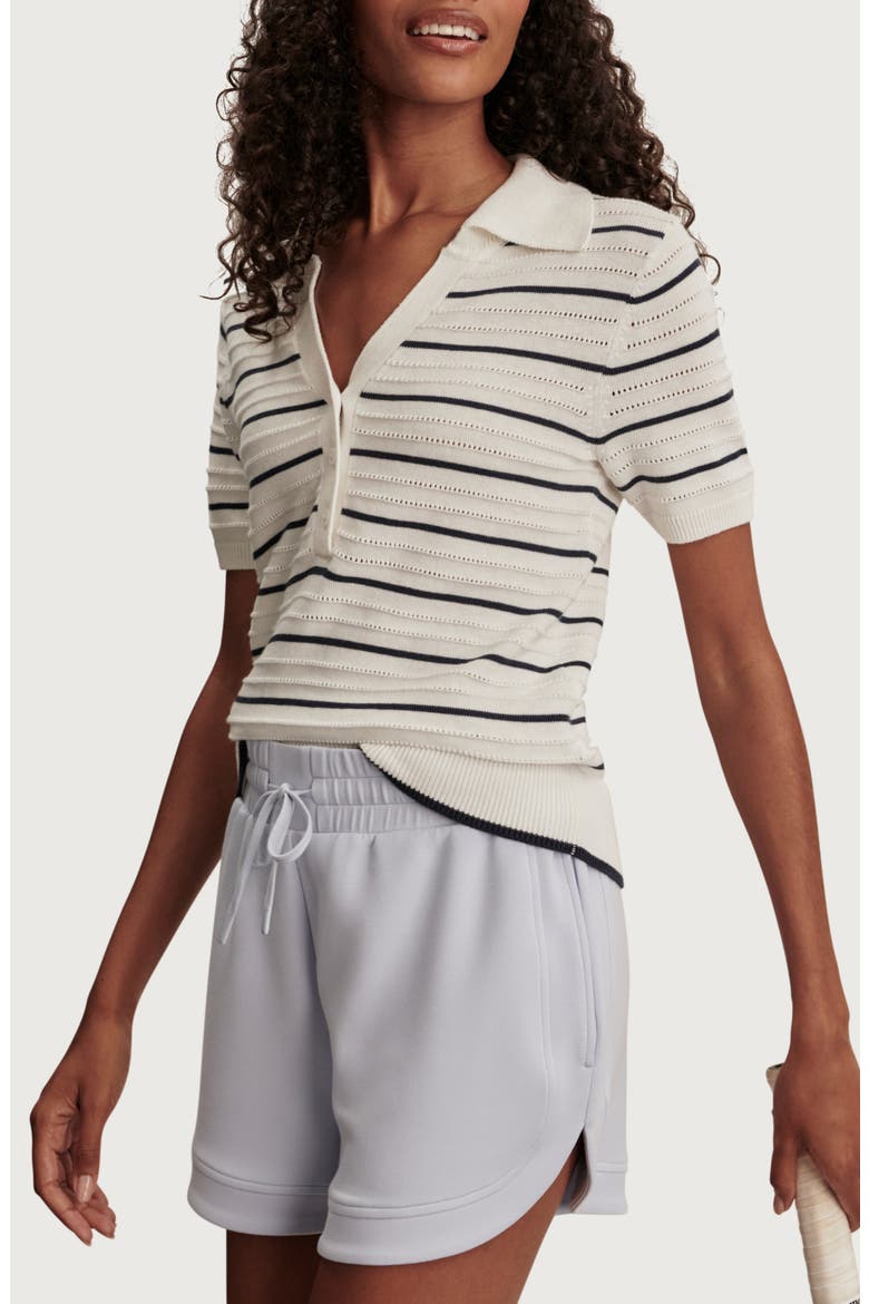 Wren Stripe Cotton Blend Pointelle Polo Sweater, Alternate, color, WHITE / BLUE NIGHTS