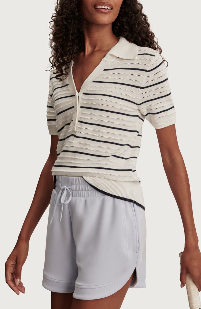 Varley Wren Stripe Cotton Blend Pointelle Polo Sweater, Alternate, color, White / Blue Nights