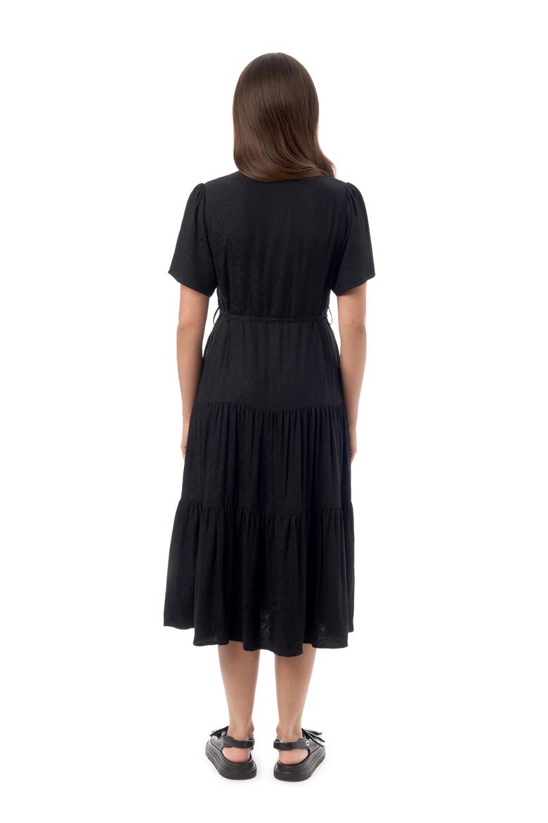 Jacquard Tiered Belted Midi Dress, Alternate, color, Black