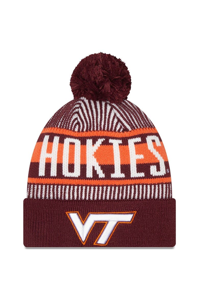 Men's New Era  Maroon Virginia Tech Hokies Logo Striped Cuff Knit Hat with Pom, Main, color, Maroon