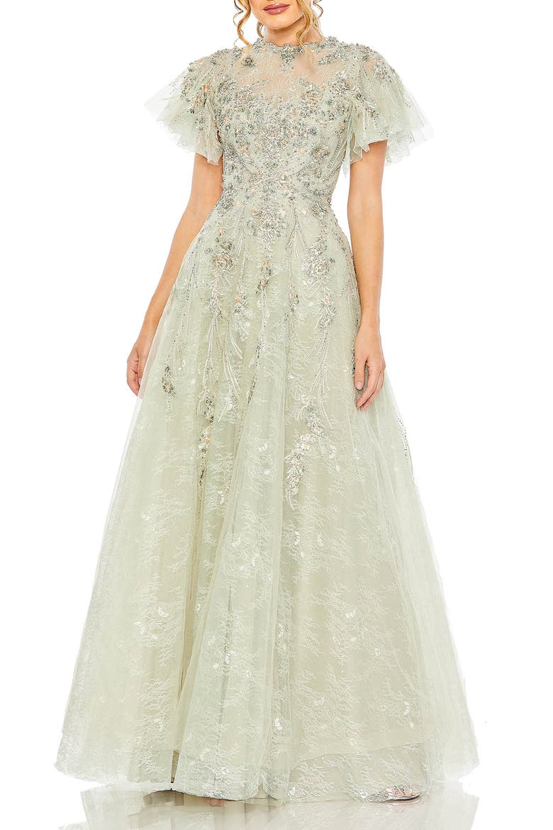 Women's Illusion Neck Beaded Lace Flutter Sleeve Ball Gown, Main, color, Seafoam