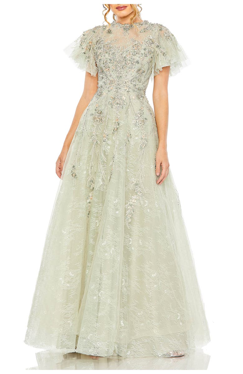 Mac Duggal Illusion Neck Beaded Lace Flutter Sleeve Ball Gown, Main, color, Seafoam
