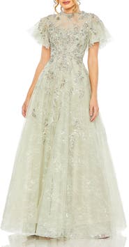 Mac Duggal Women's Illusion Neck Beaded Lace Flutter Sleeve Ball Gown