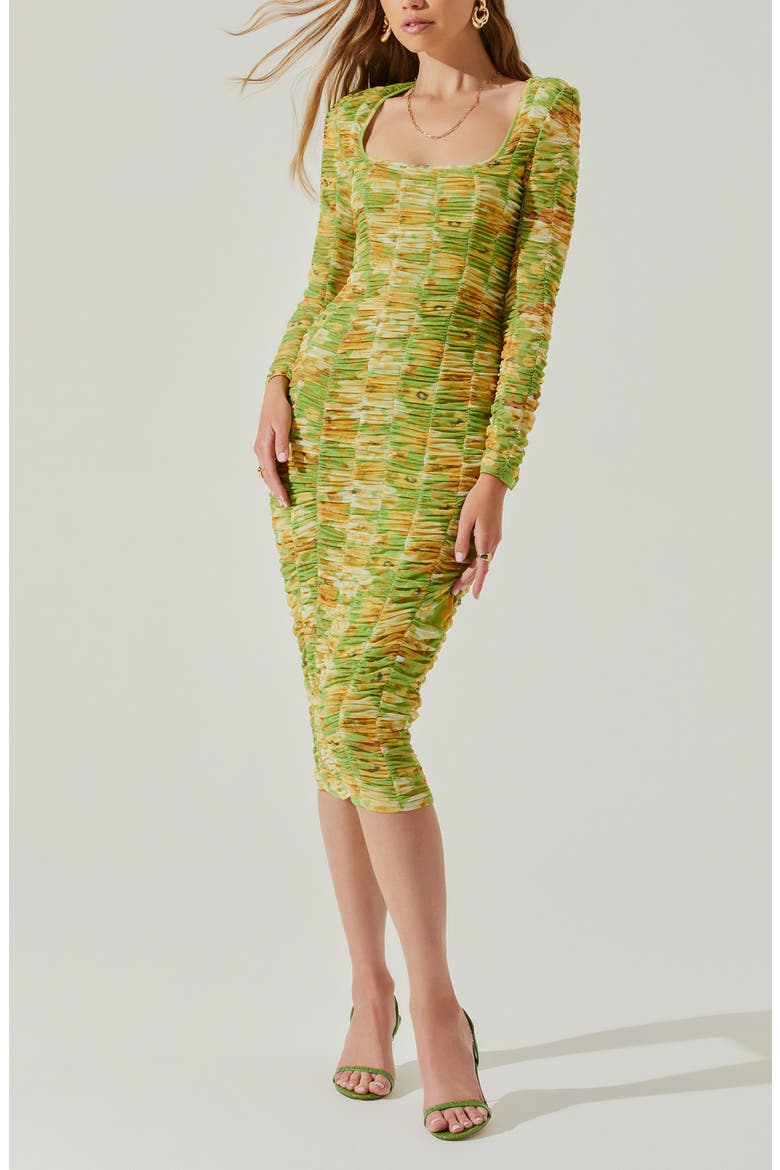 Yelina Floral Long Sleeve Ruched Dress, Alternate, color, LIME YELLOW