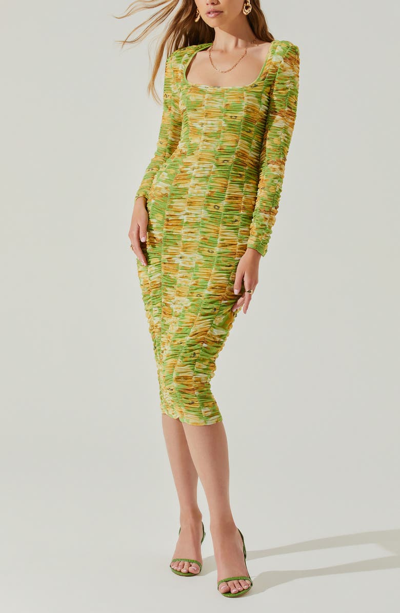 ASTR the Label Yelina Floral Long Sleeve Ruched Dress, Alternate, color, Lime Yellow