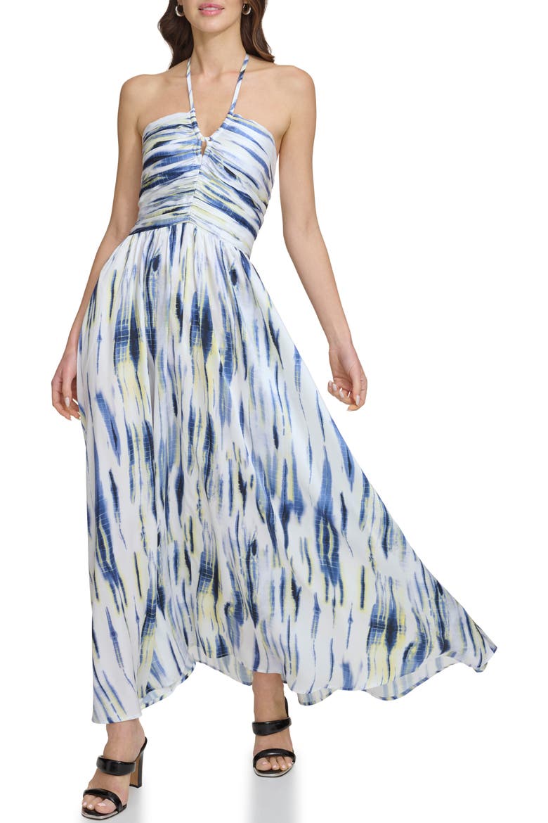 Tie Dye Halter Neck Satin Maxi Dress, Main, color, WHITE/ INKY BLUE MULTI